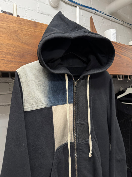 SS2016 Rick Owens ‘Cyclops’ Denim/Leather Patchwork ‘Jason’ Zip Up Hoodie