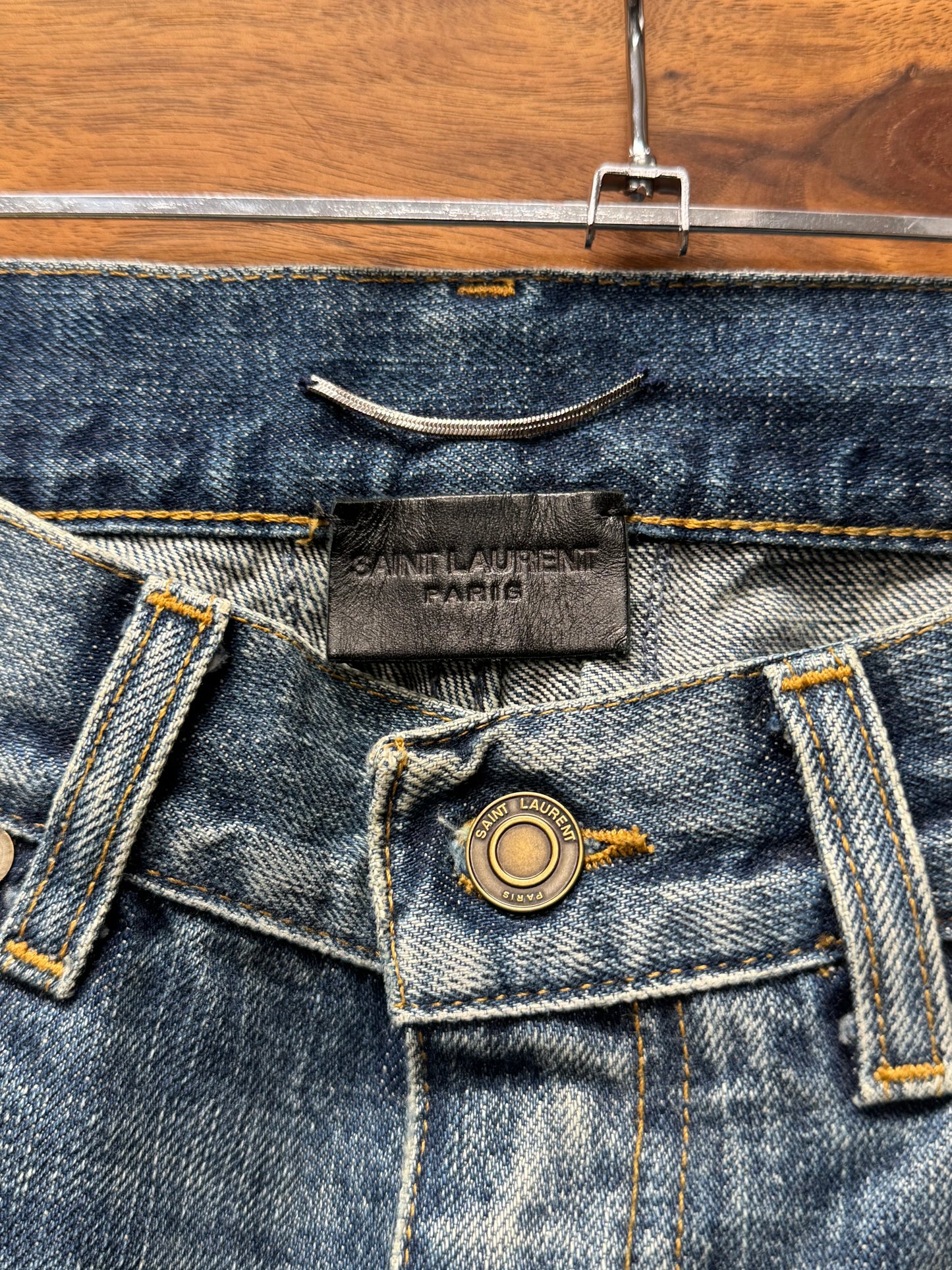 2015 Saint Laurent by Hedi Slimane ‘D02’ Knee Distressed Blue Skinny Jeans