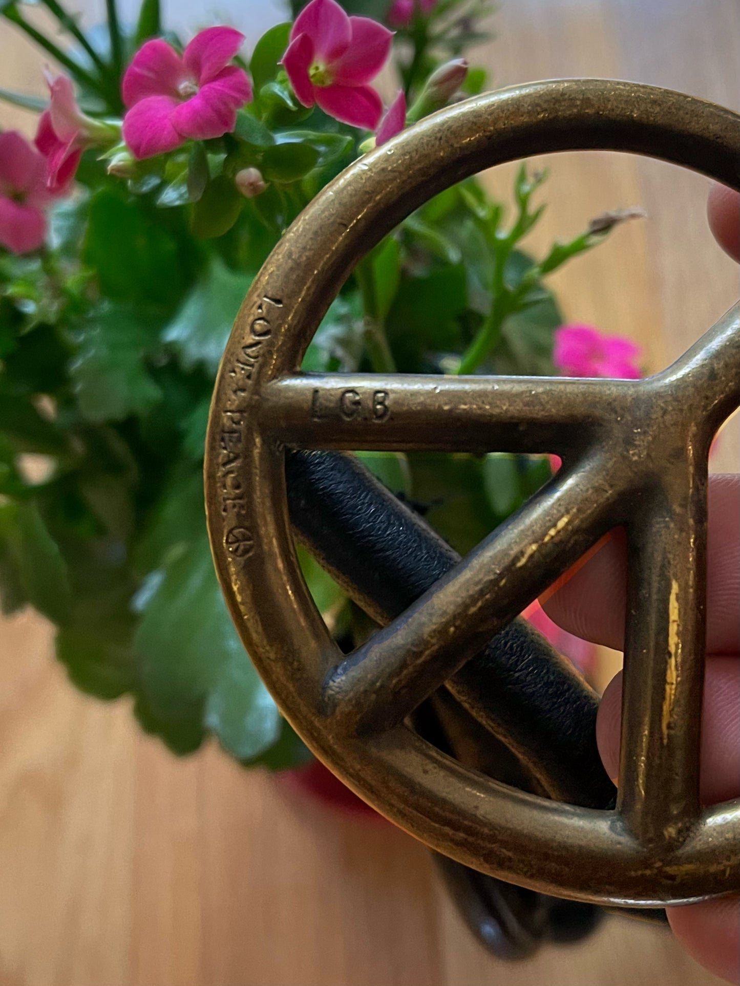 LGB Raw Leather Peace Motif Brass Buckle Belt