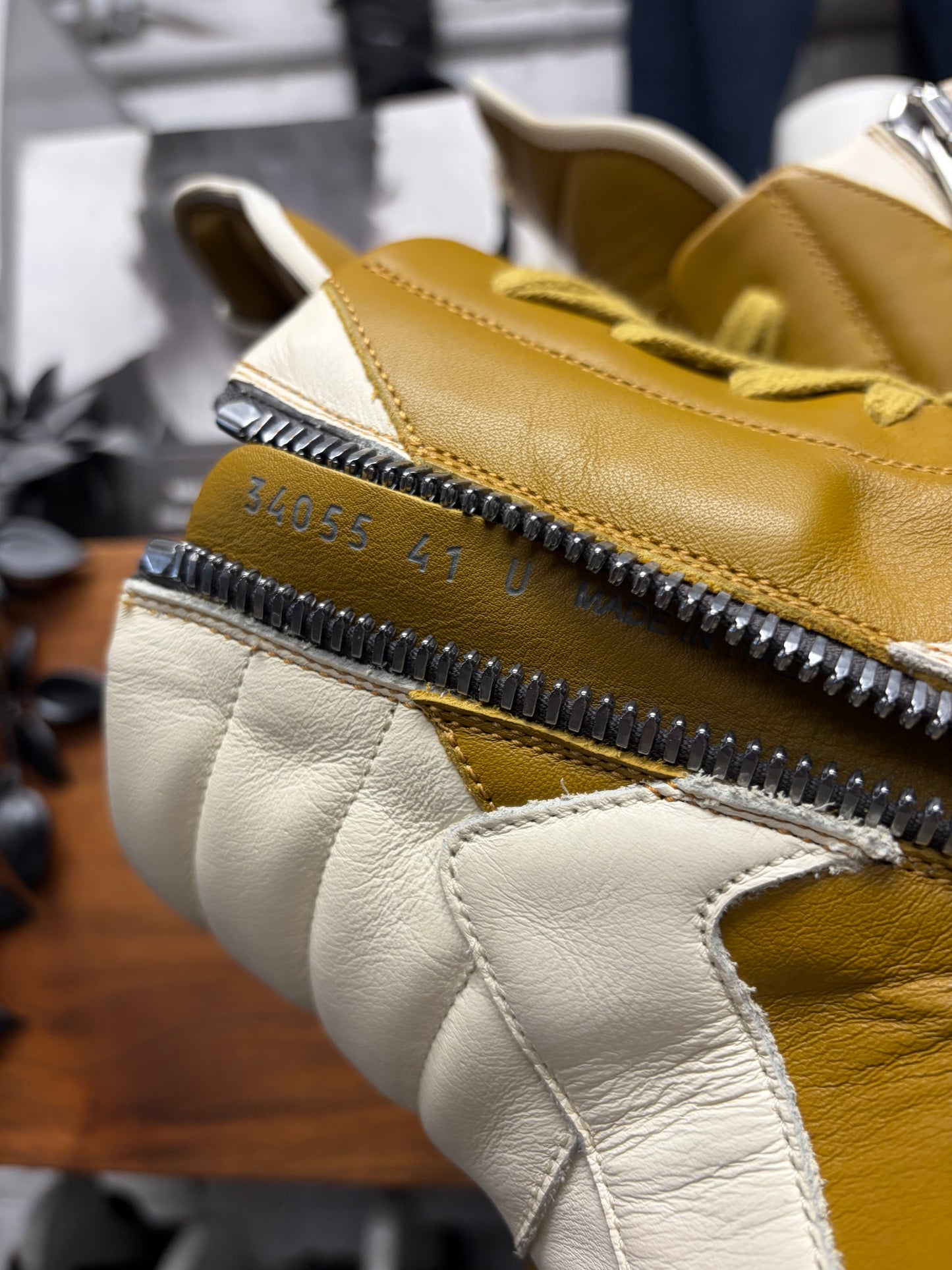 Rick Owens ‘Geobasket’ Mustard/Milk Leather High Top Sneakers