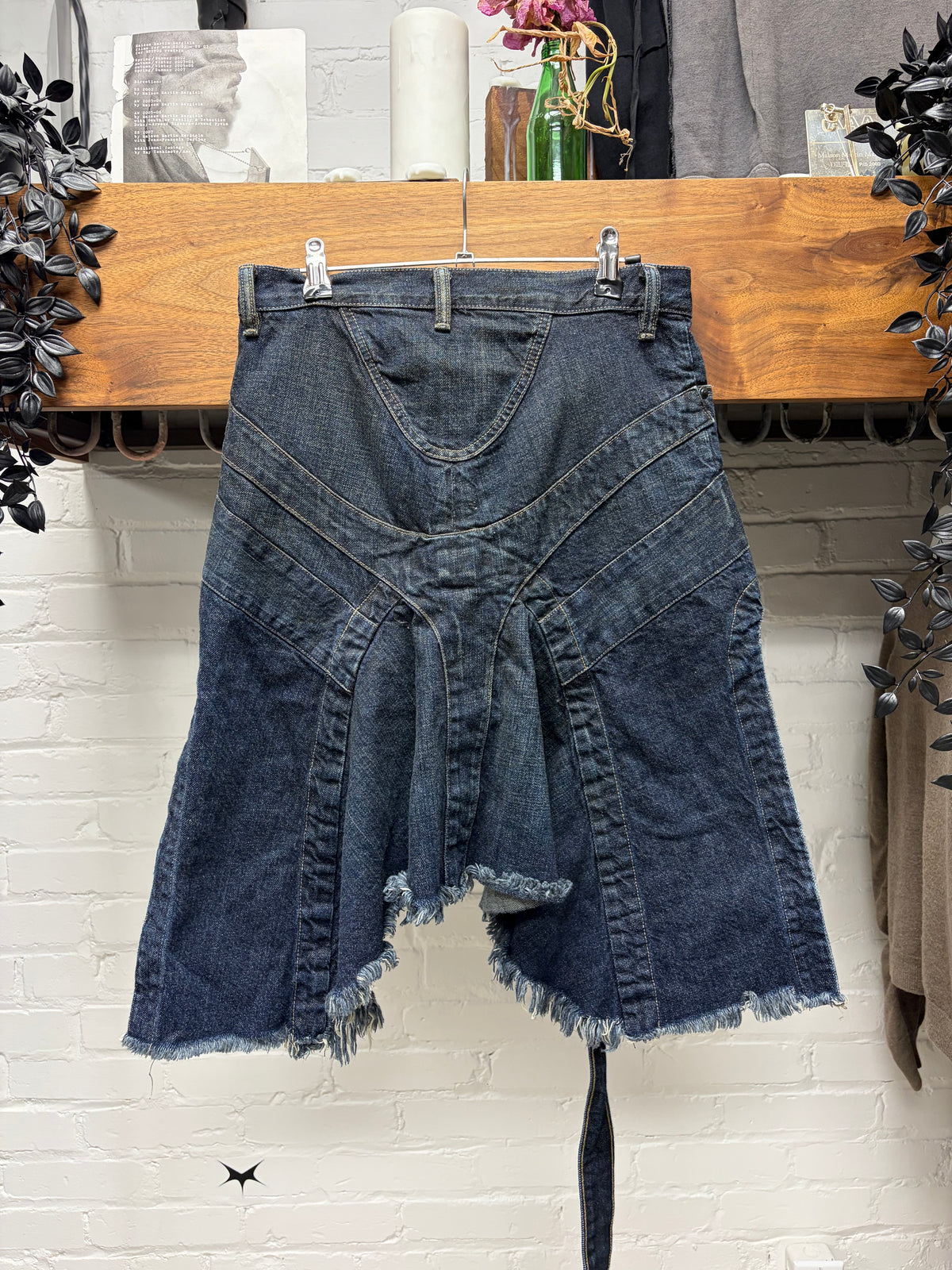 Rick Owens ‘Slab’ Dirt Washed Blue Denim Shorts with Fishtail Skirt