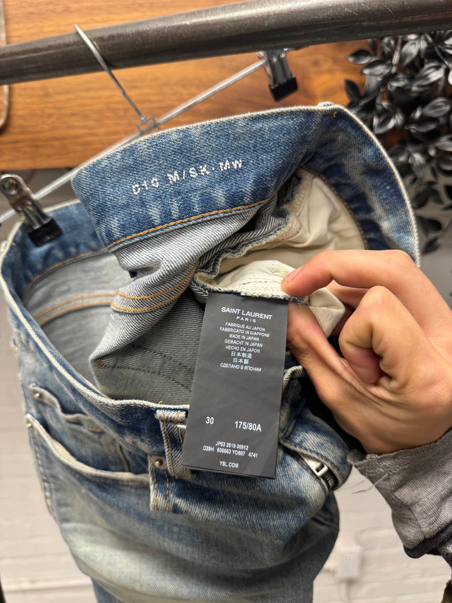 2019 Saint Laurent ‘D14’ Distressed Dirty Blue Washed Skinny Jeans