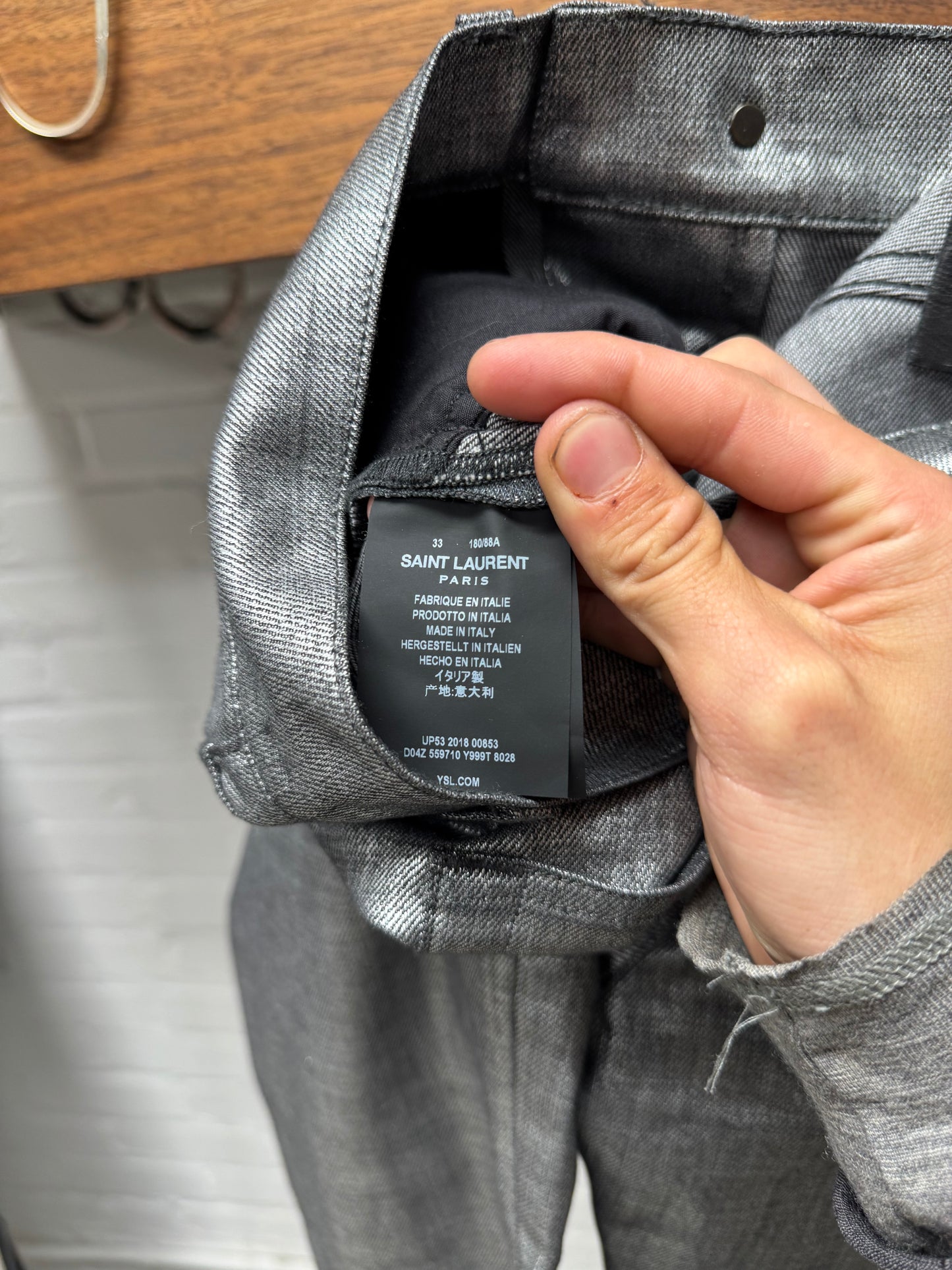 2018 Saint Laurent Silver Waxed ‘D02’ Skinny Denim