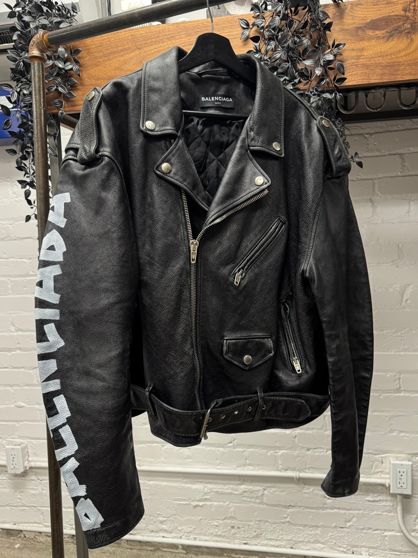 AW2017 Balenciaga ‘Graffiti’ Logo Black Leather Belted Biker Jacket
