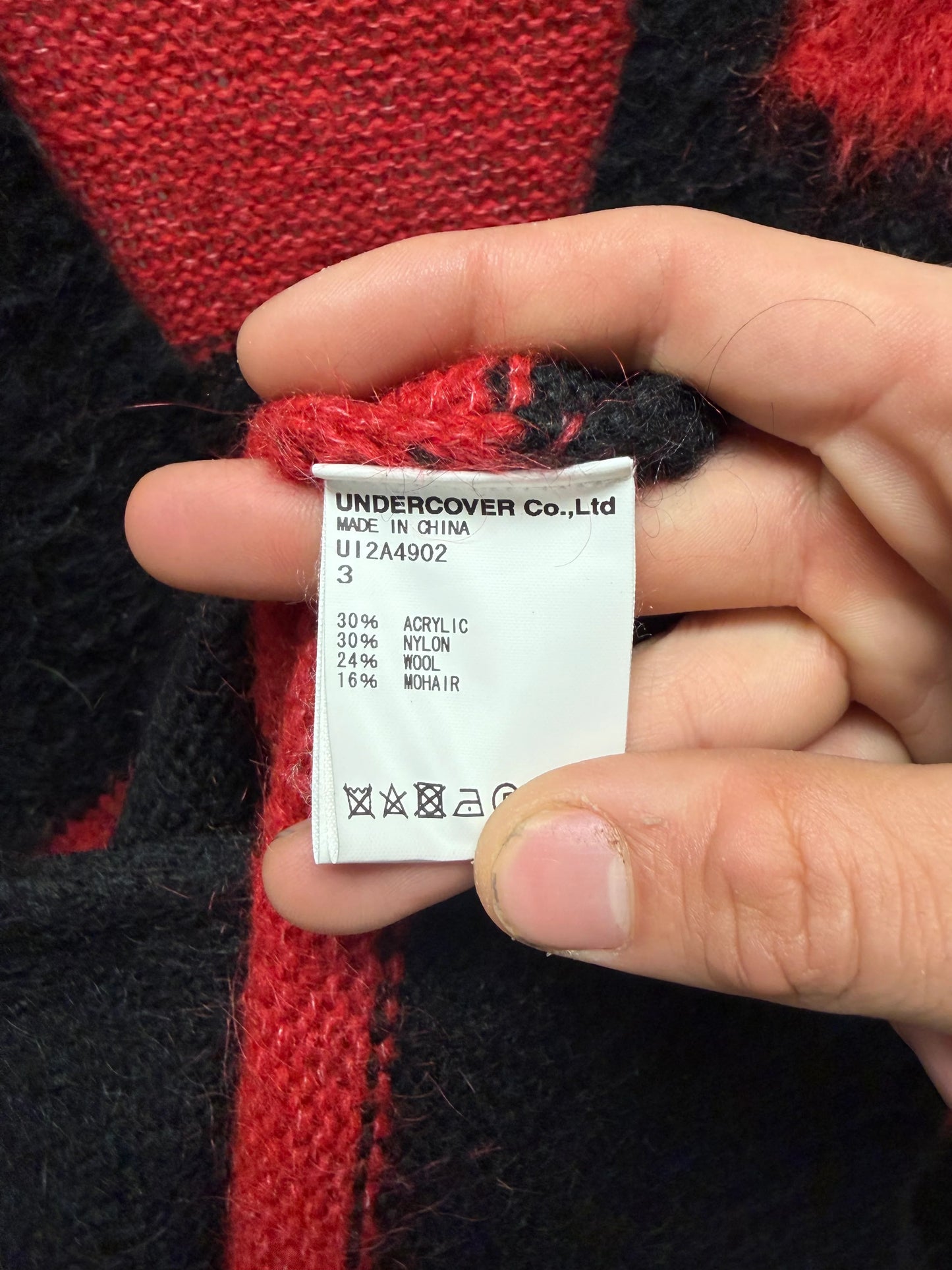 Undercover ‘Mohair Shag’ Black/Red Striped Knit Cardigan