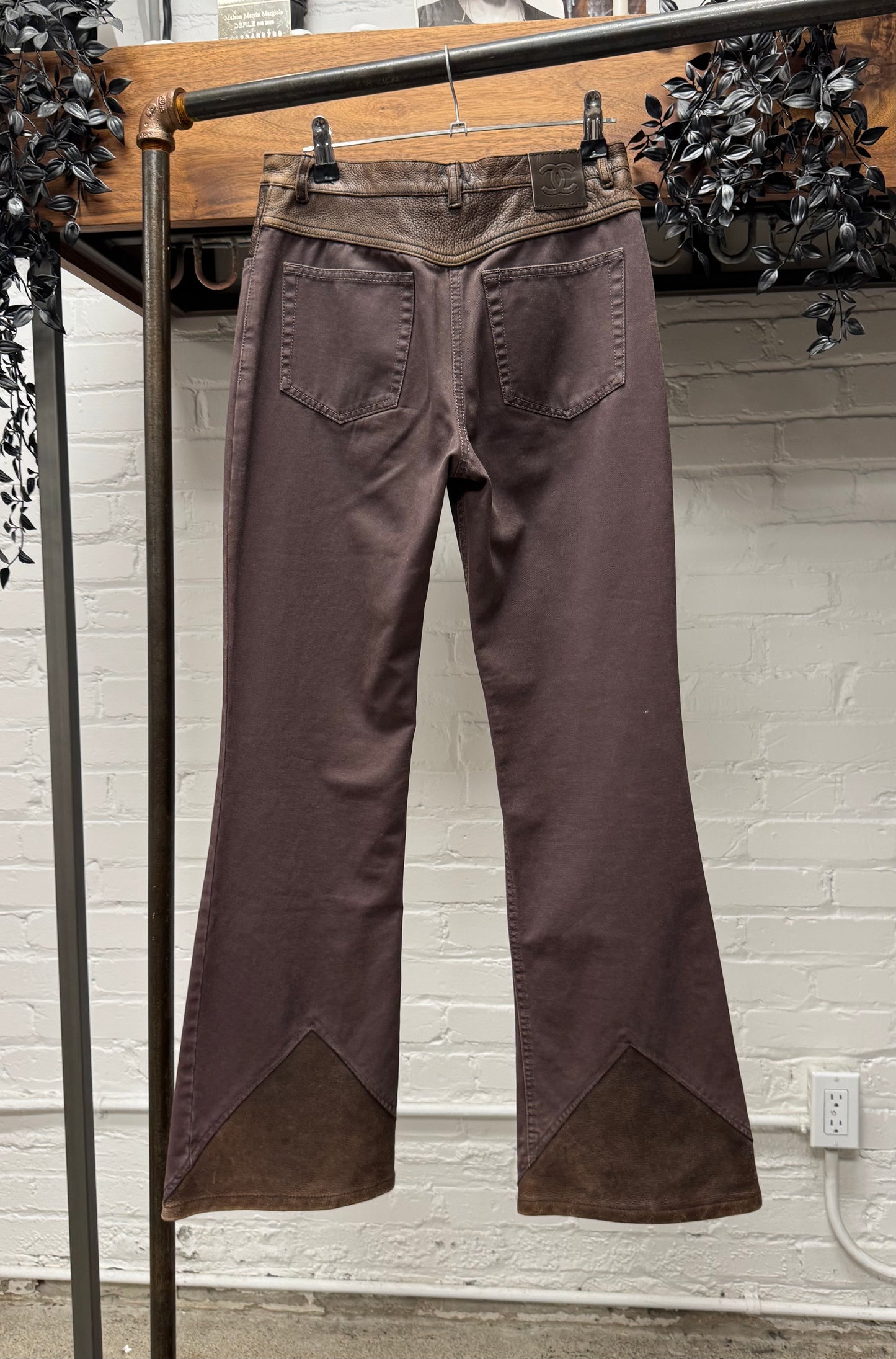 AW2001 Chanel ‘Leather Insert’ Low Rise Brown Flared Denim
