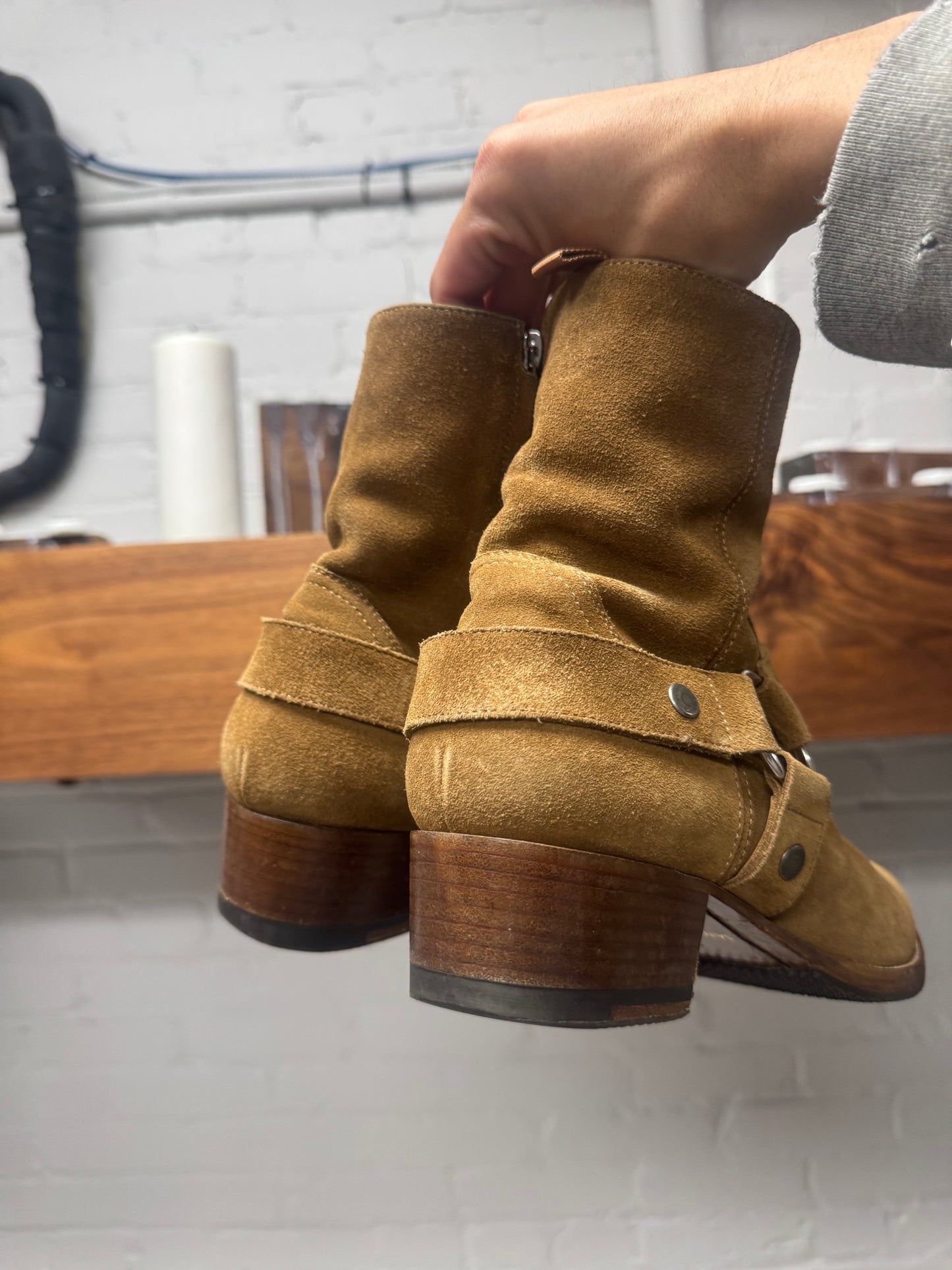 Saint Laurent ‘Wyatt’ Brown Suede Harness Boots