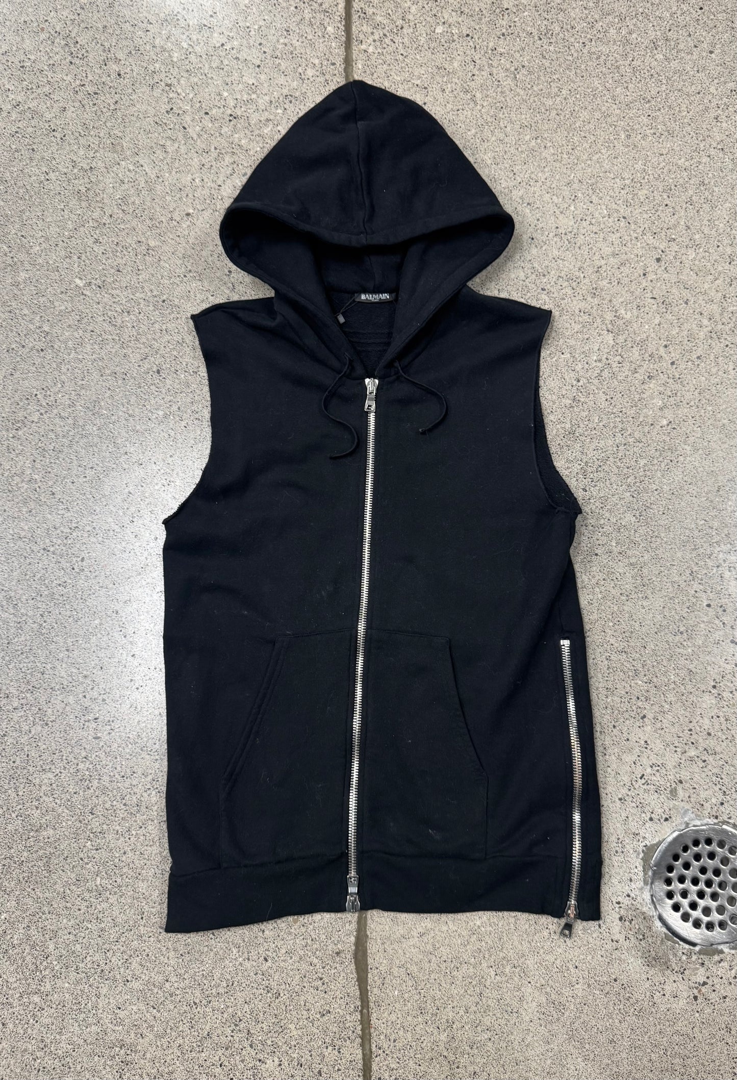 Balmain ‘Side-Zip’ Black Cotton Sleeveless Hoodie