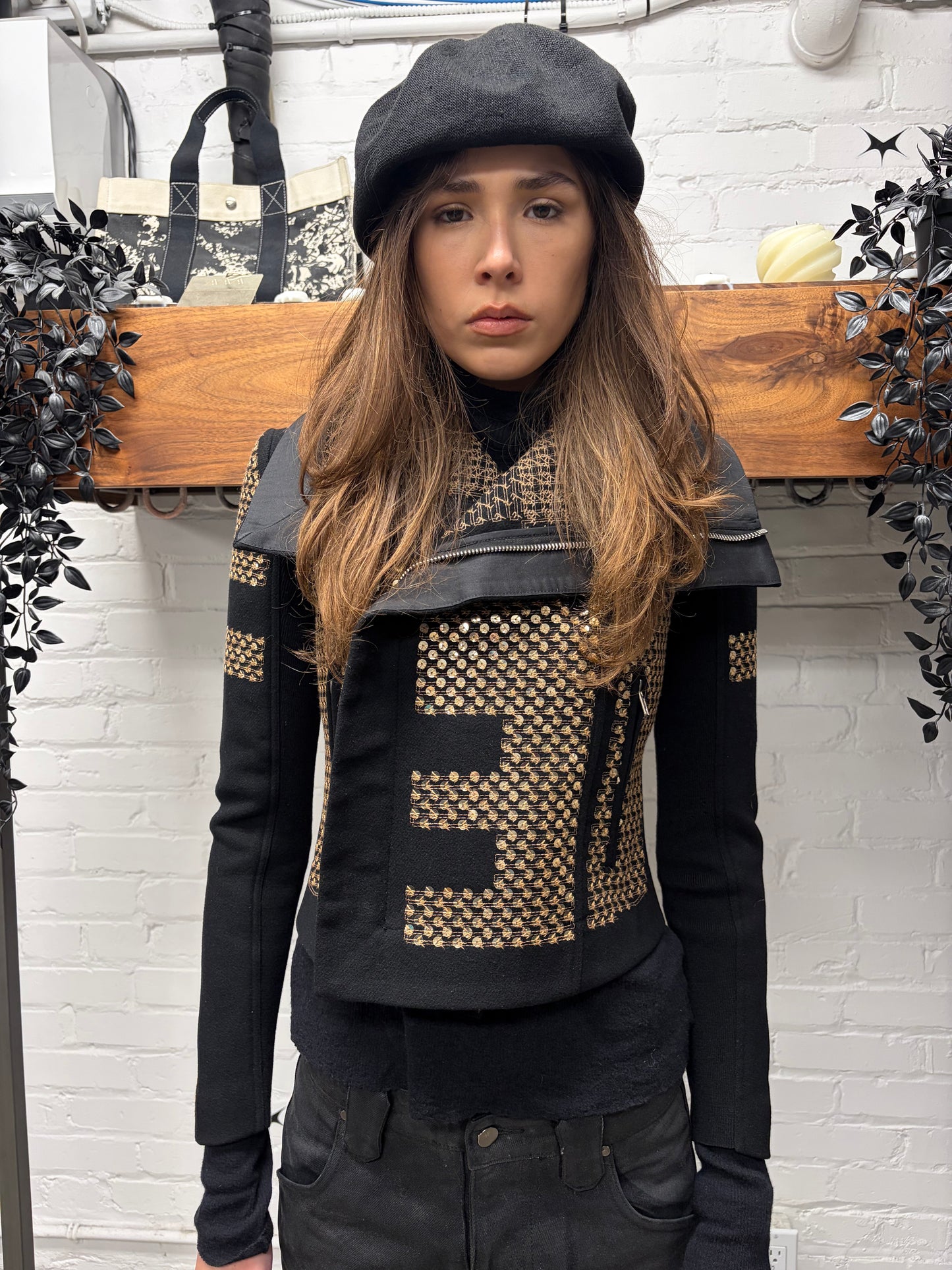 AW2015 Rick Owens ‘Sphinx’ Gold Sequin Beaded ‘Cross Back’ Biker Jacket