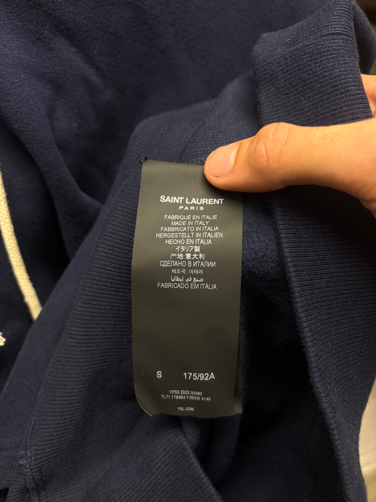 2023 Saint Laurent ‘YSL’ Navy Blue Embroidered Logo Hoodie