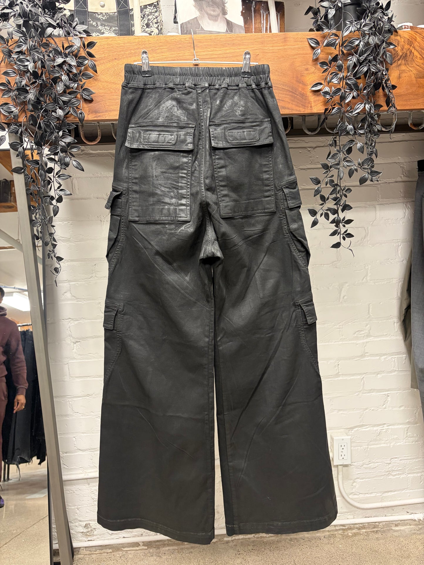 Rick Owens Waxed Black ‘CargoBela’ Wide Leg Pants