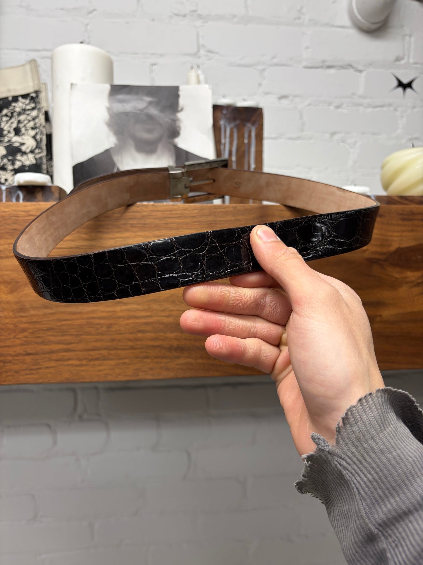 Dolce & Gabbana Genuine Crocodile Black Leather Belt with Silver Square Buckle