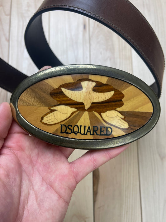 2000s Dsquared2 Wood Buckle Dove Calfskin Leather Belt