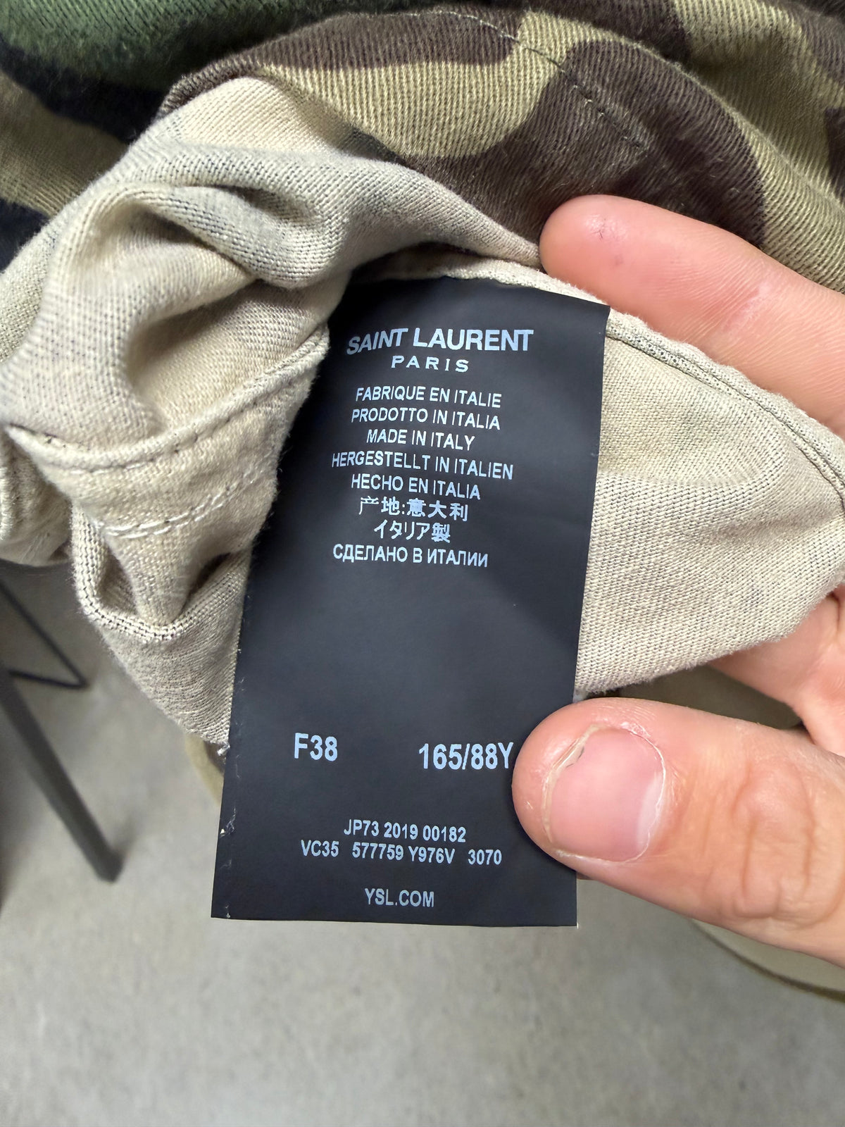 2019 Saint Laurent Studded Military Camo Jacket with Shearling Liner