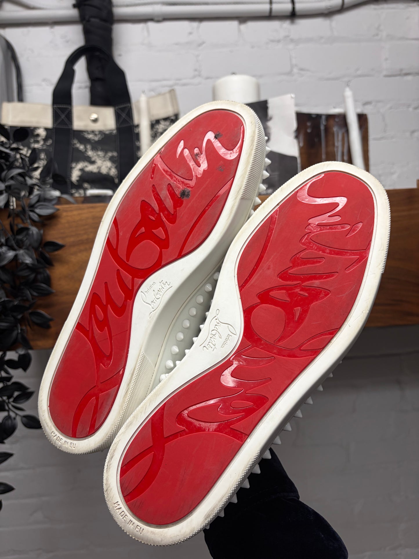Christian Louboutin ‘Pik Boat’ Spiked White Leather Slip-On Sneakers