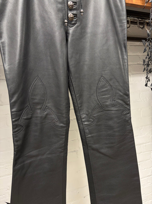 Chrome Hearts Black Leather Fleur Knee Pants with Lace Back Detailing