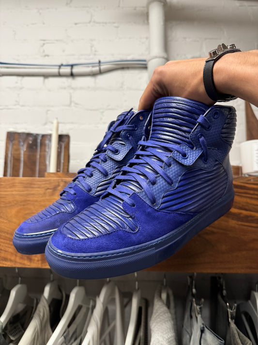Balenciaga ‘Cote’ Pleated Blue Leather High Top Sneakers