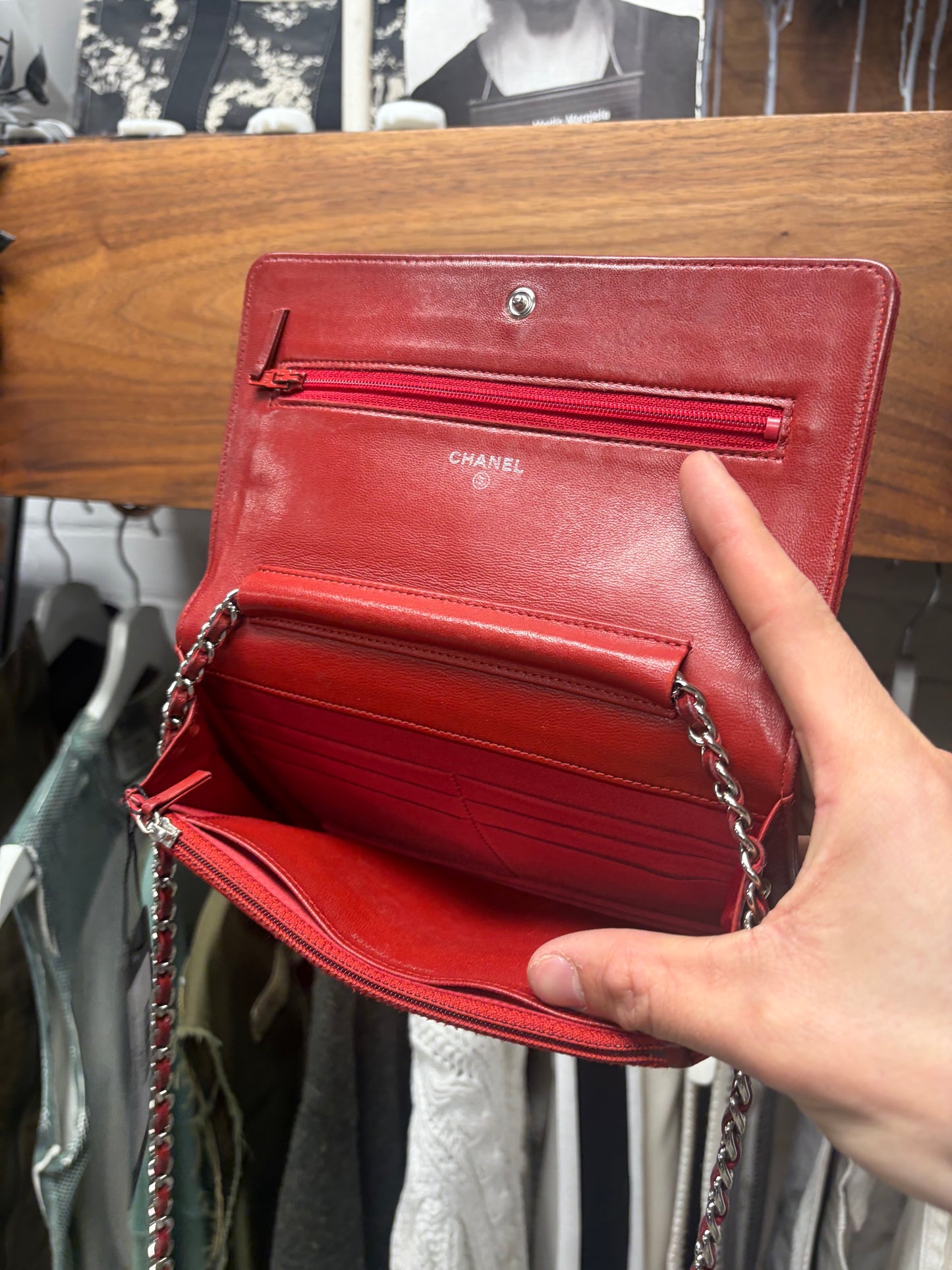 Chanel ‘Camellia’ Red Floral Embossed Leather Wallet on Chain Bag