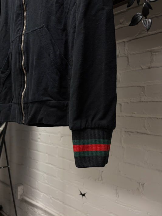 2010s Gucci ‘Stripe Logo’ Ribbed Cuff Black Zip-Up Hoodie