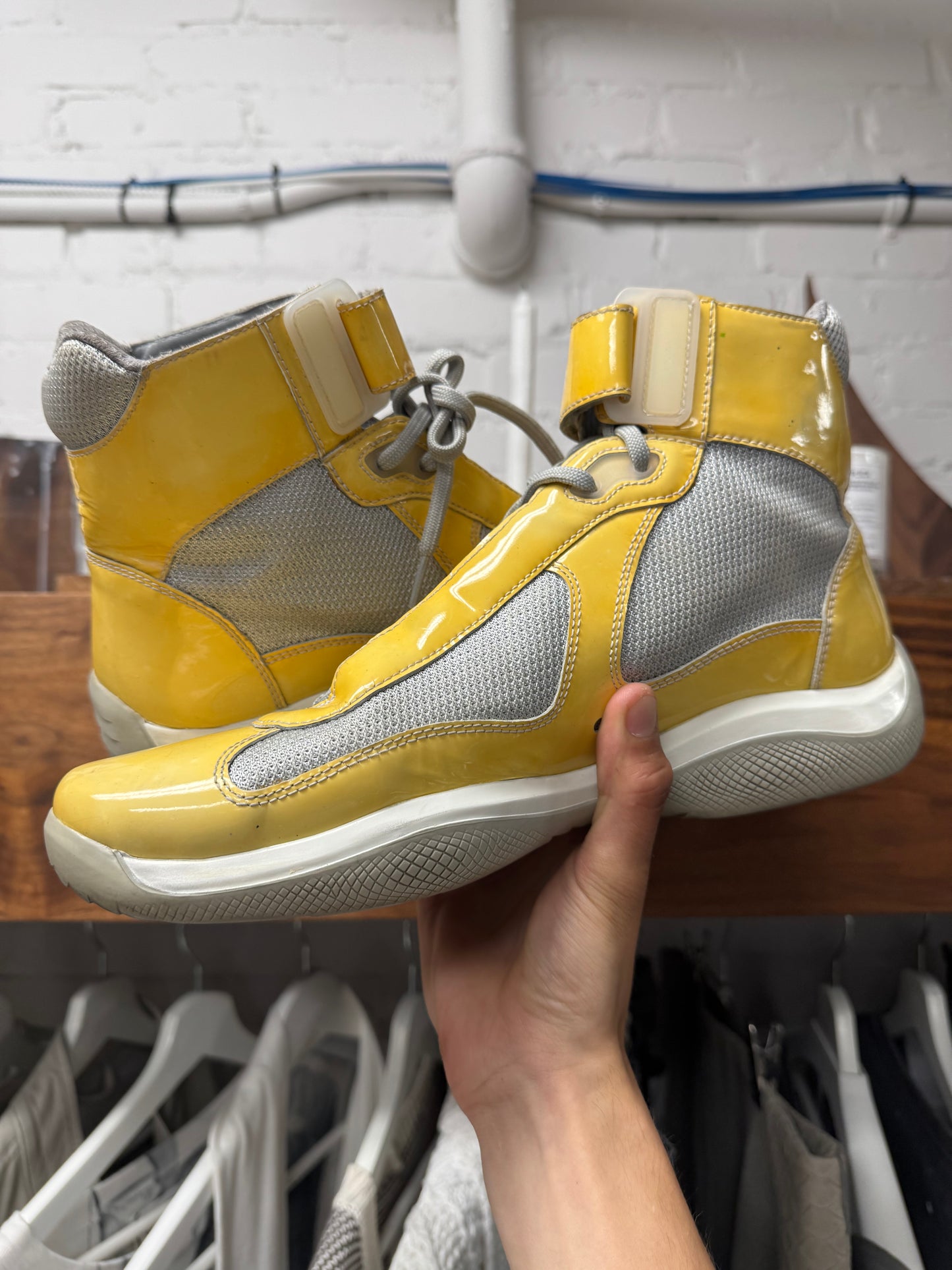 2000s Prada ‘Americas Cup’ Bike Yellow/Grey Patent Leather High Top Sneakers