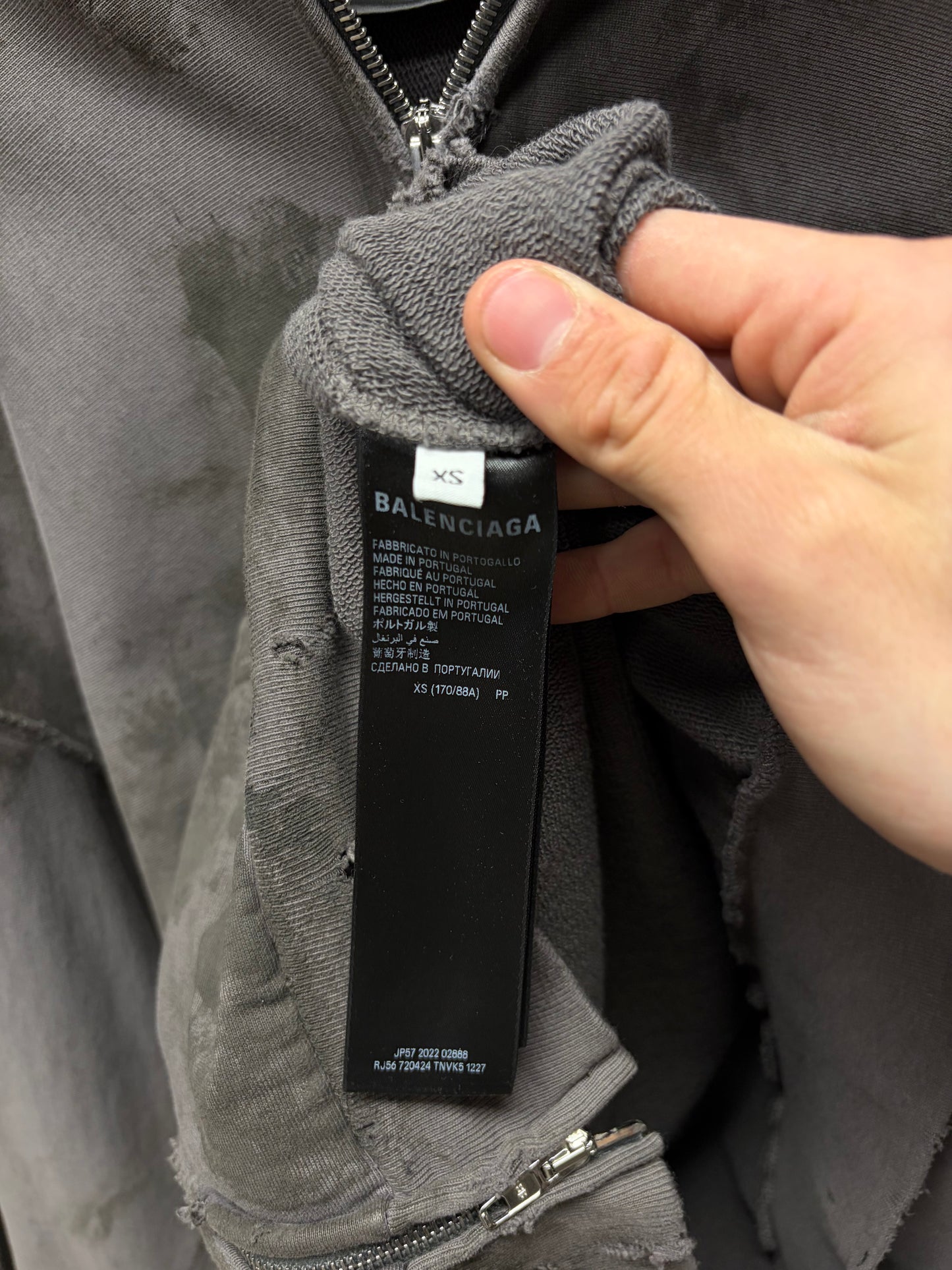 AW2023 Balenciaga Mudshow ‘Gaffer Tape’ Grey Distressed Zip-Up Hoodie