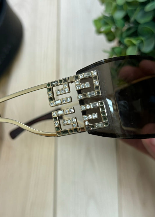 2000s Givenchy Gold Rhinestone Logo Rimless Sunglasses