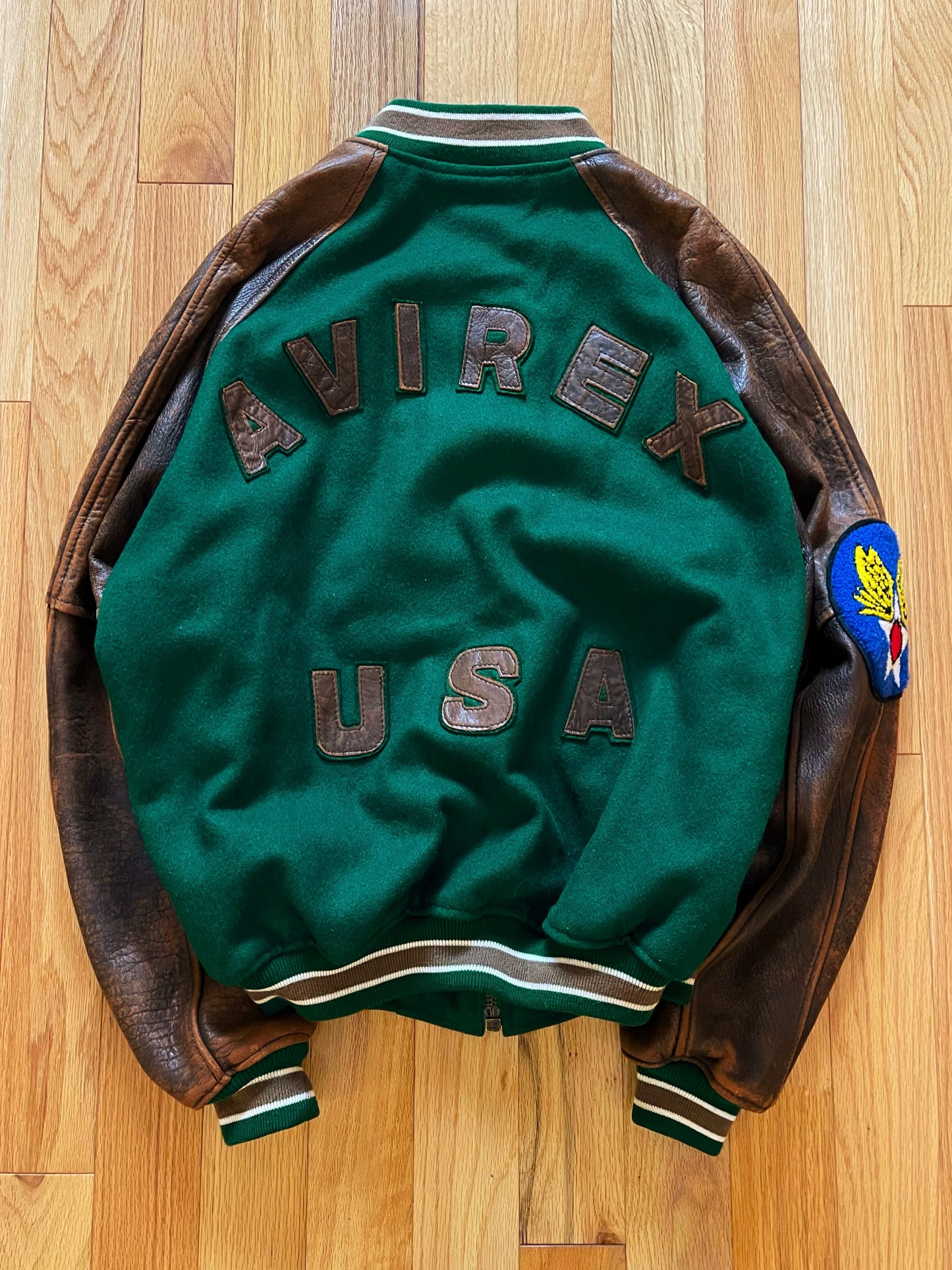 1990’s Avirex ‘USA’ Forest Green Wool/Brown Leather Bomber Jacket