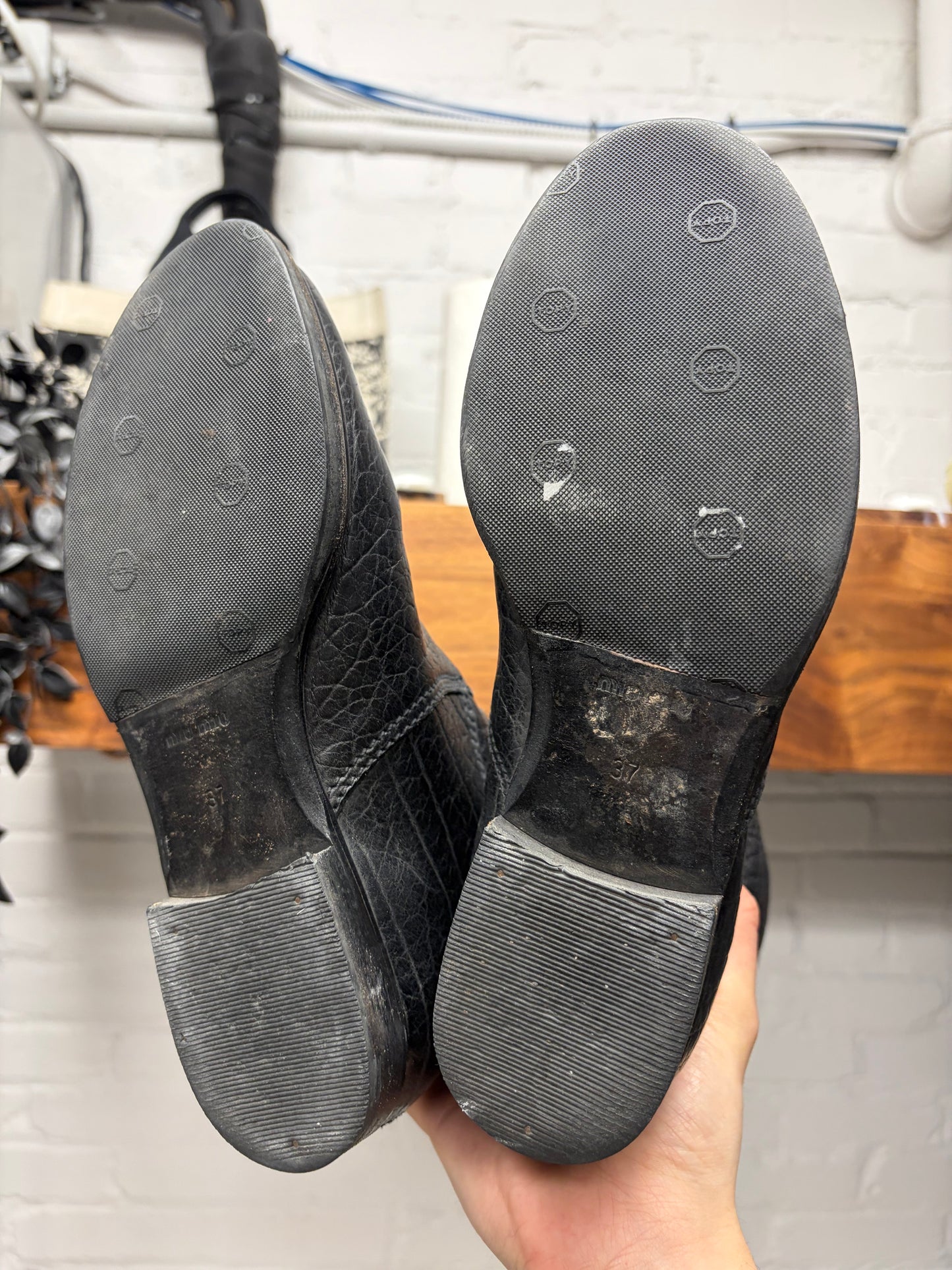 2000s Miu Miu Tumbled Black Calfskin Leather Mid Length Boots