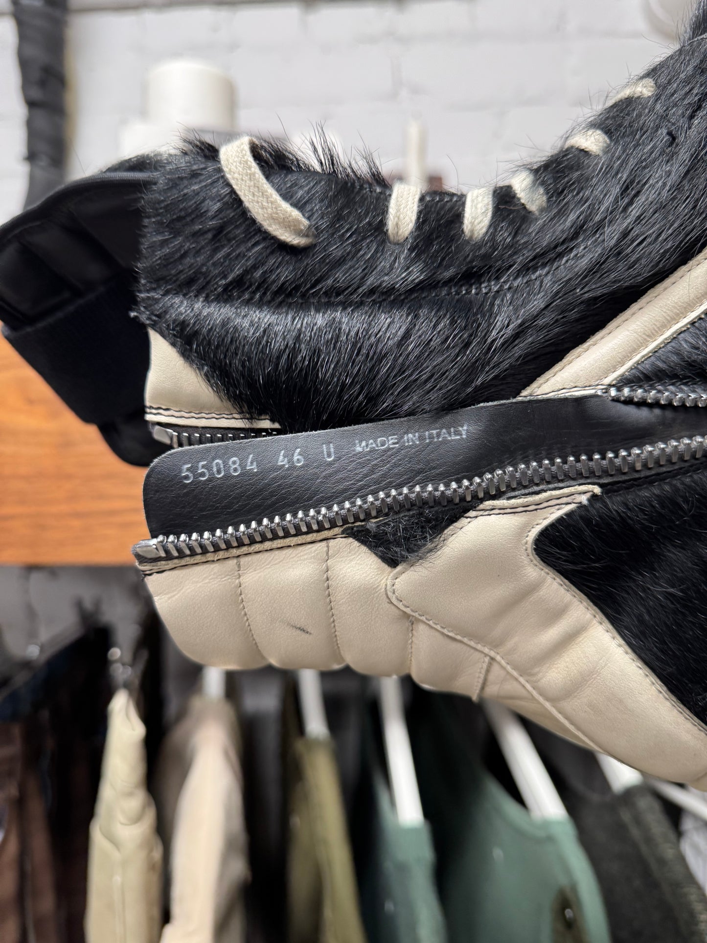 Rick Owens ‘Pony Hair’ Black/Milk ‘Geobasket’ High Top Sneakers