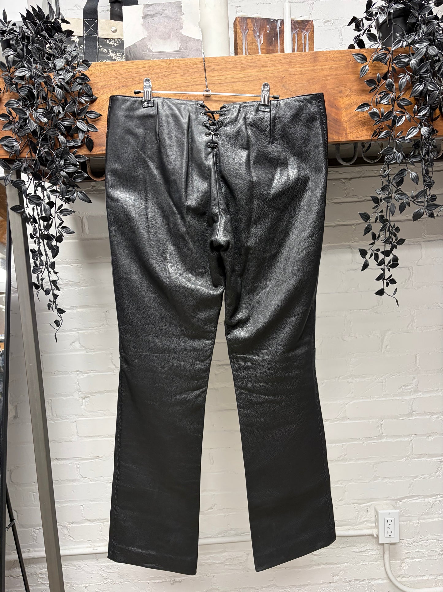 Chrome Hearts Black Leather Fleur Knee Pants with Lace Back Detailing