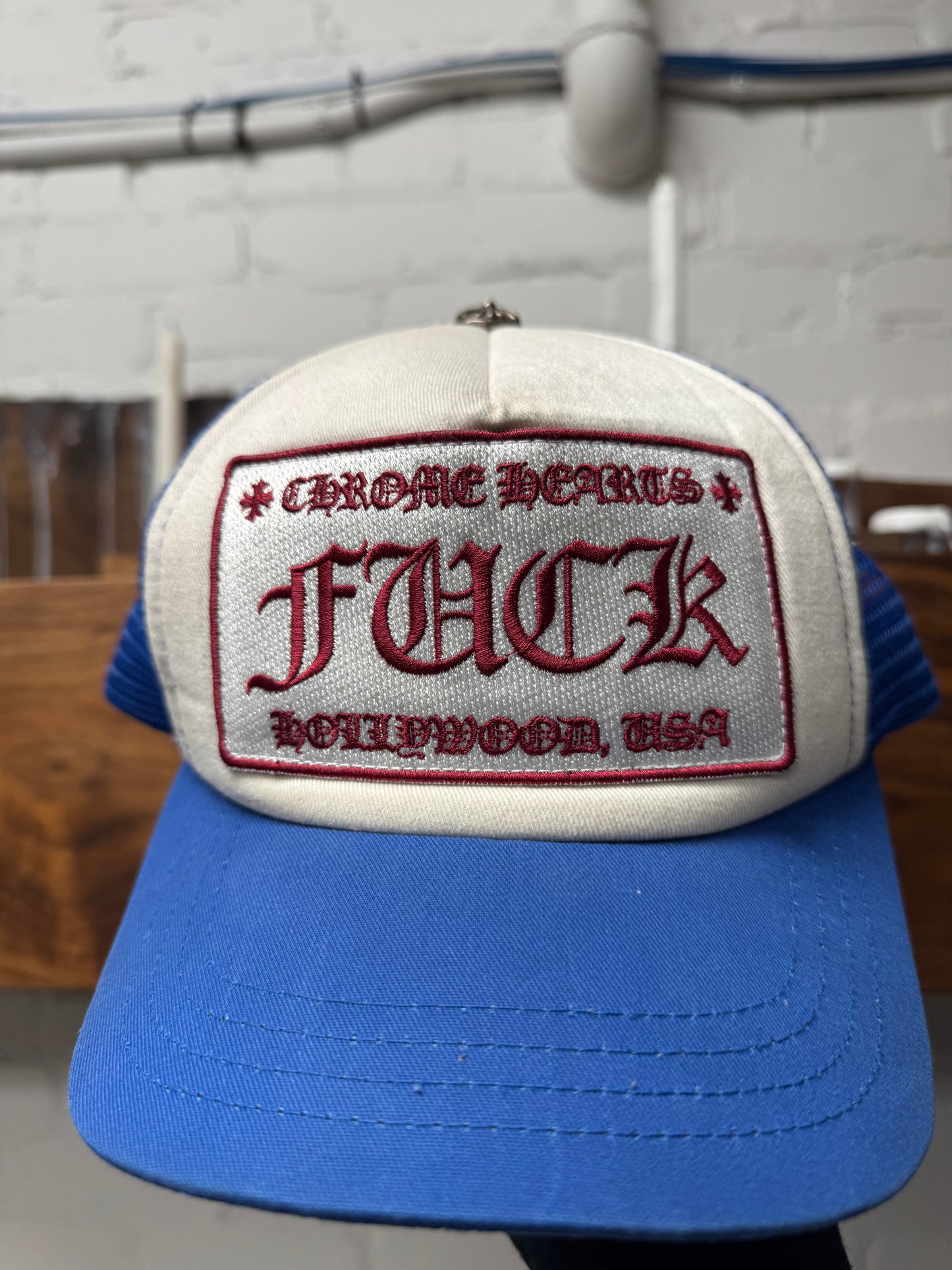 Chrome Hearts ‘Fuck’ Hollywood Exclusive Blue/Red Trucker Hat