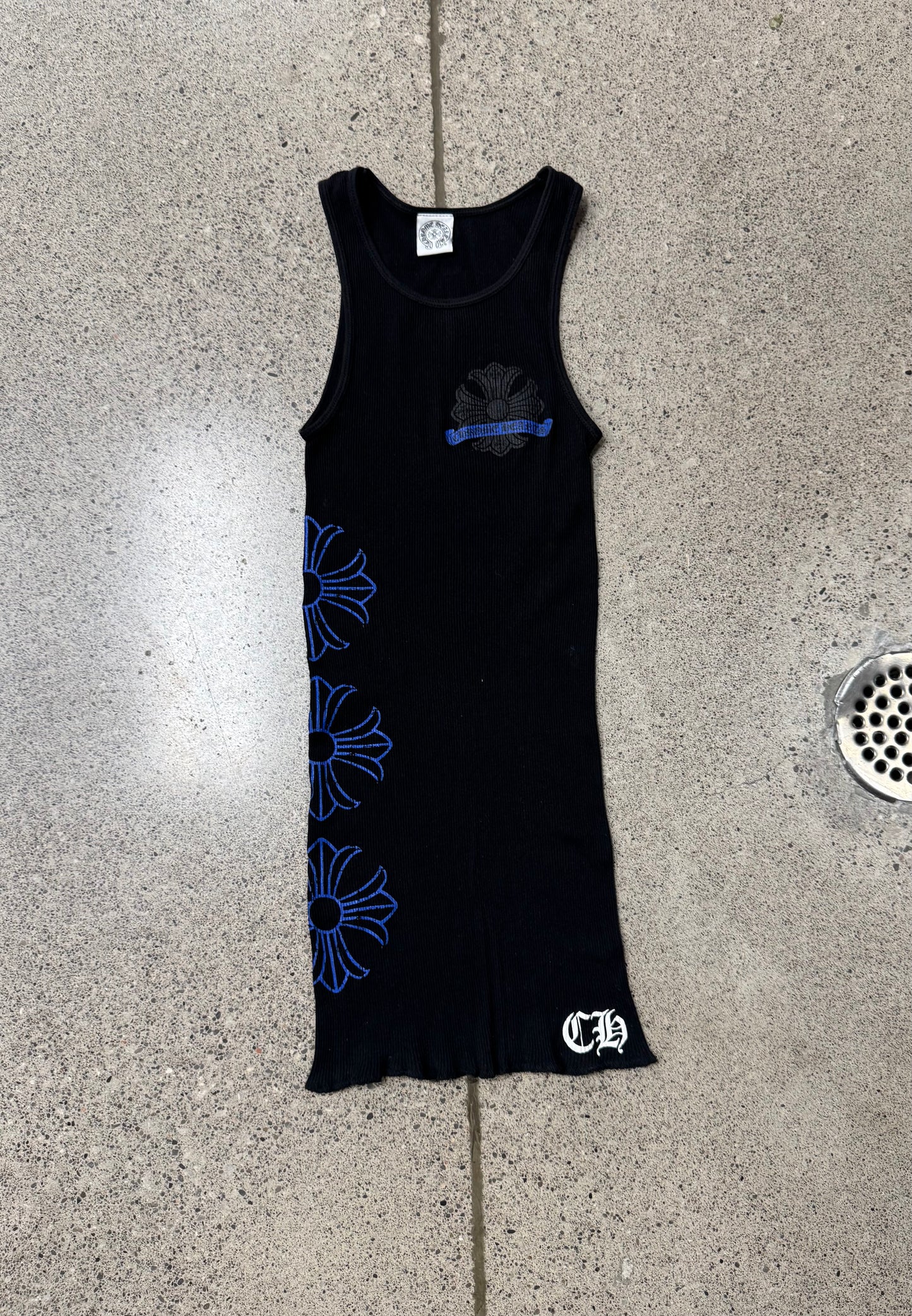 Chrome Hearts Blue Plus Cross Ribbed Black Tank Top