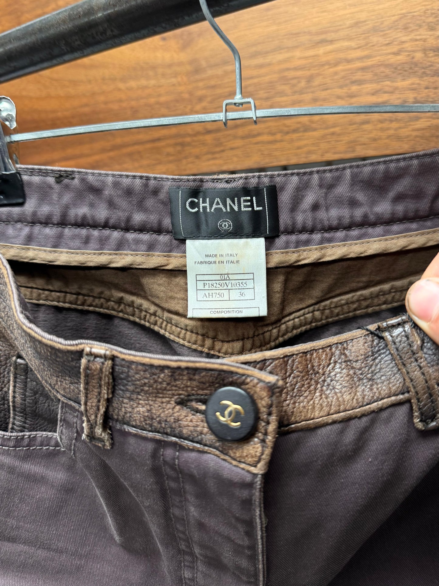 AW2001 Chanel ‘Leather Insert’ Low Rise Brown Flared Denim