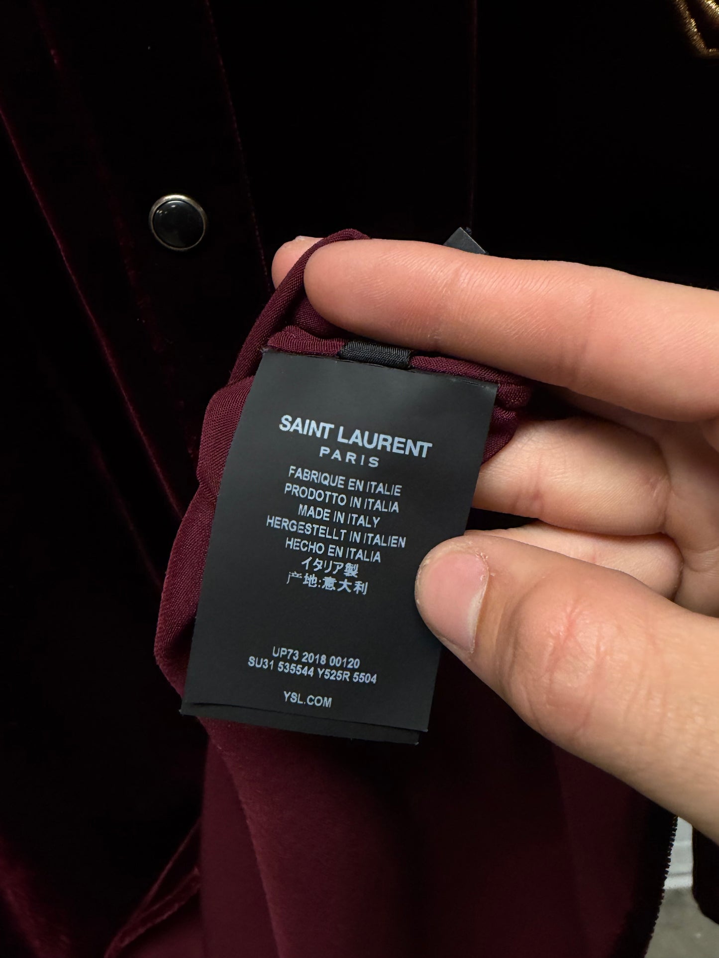 SS2020 Saint Laurent Silk/Velvet Dark Red Western Button Snap Shirt