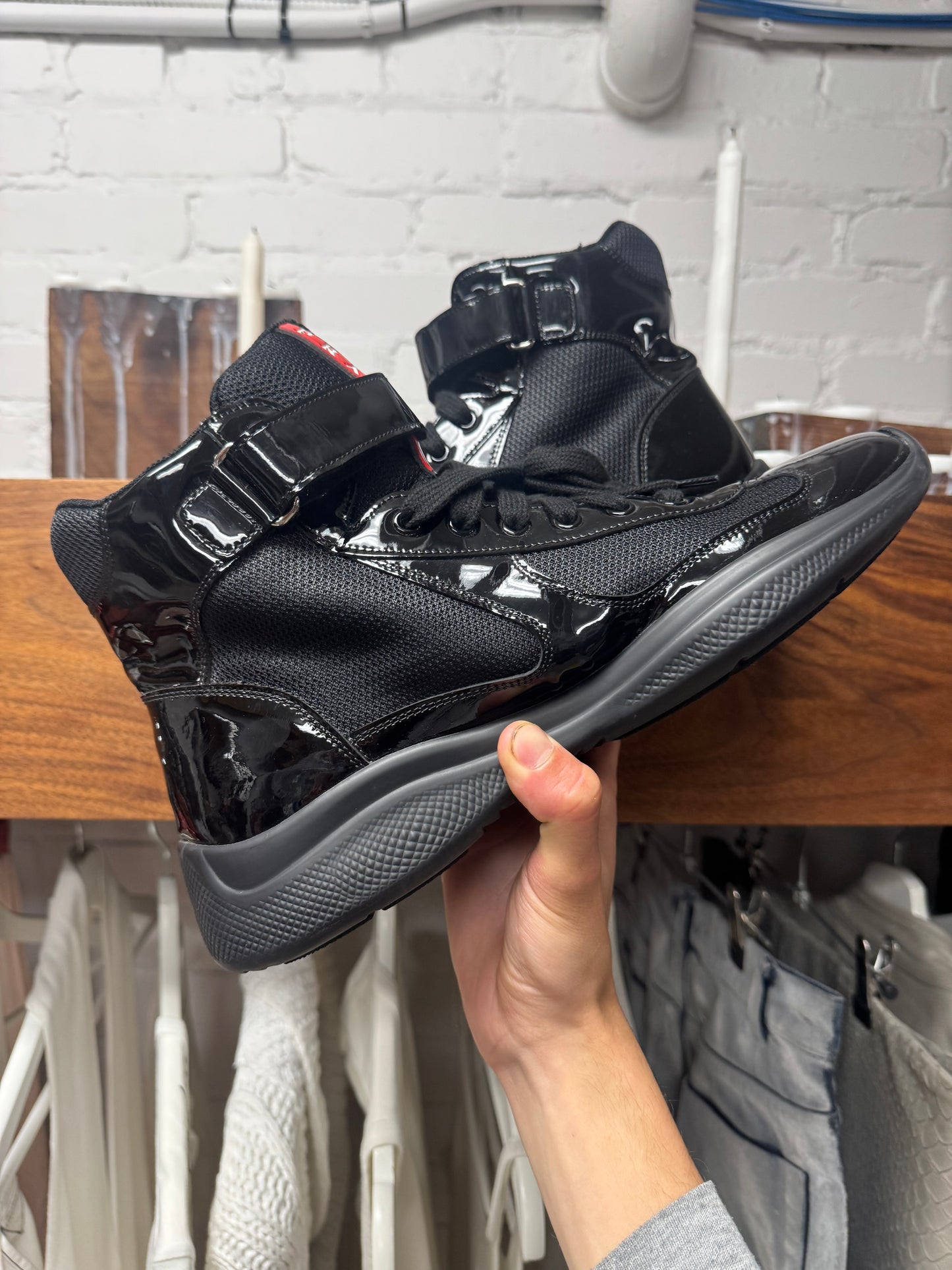 Prada ‘Americas Cup’ Black Patent Leather High Top Sneakers
