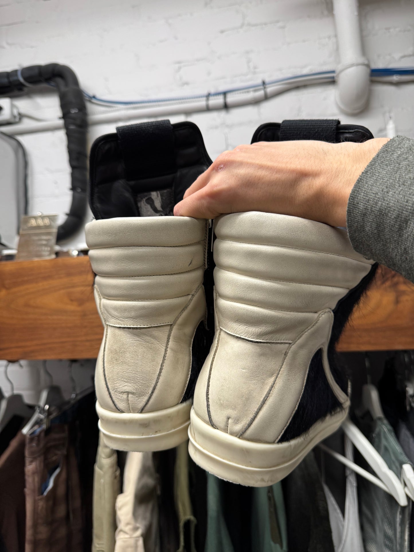 Rick Owens ‘Pony Hair’ Black/Milk ‘Geobasket’ High Top Sneakers