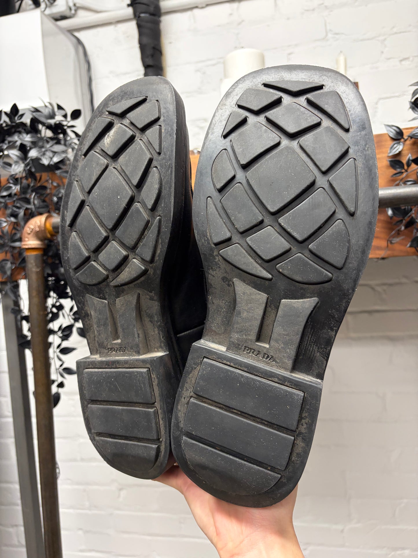 Prada Black Square Toe Black Leather Ankle Strap Boots