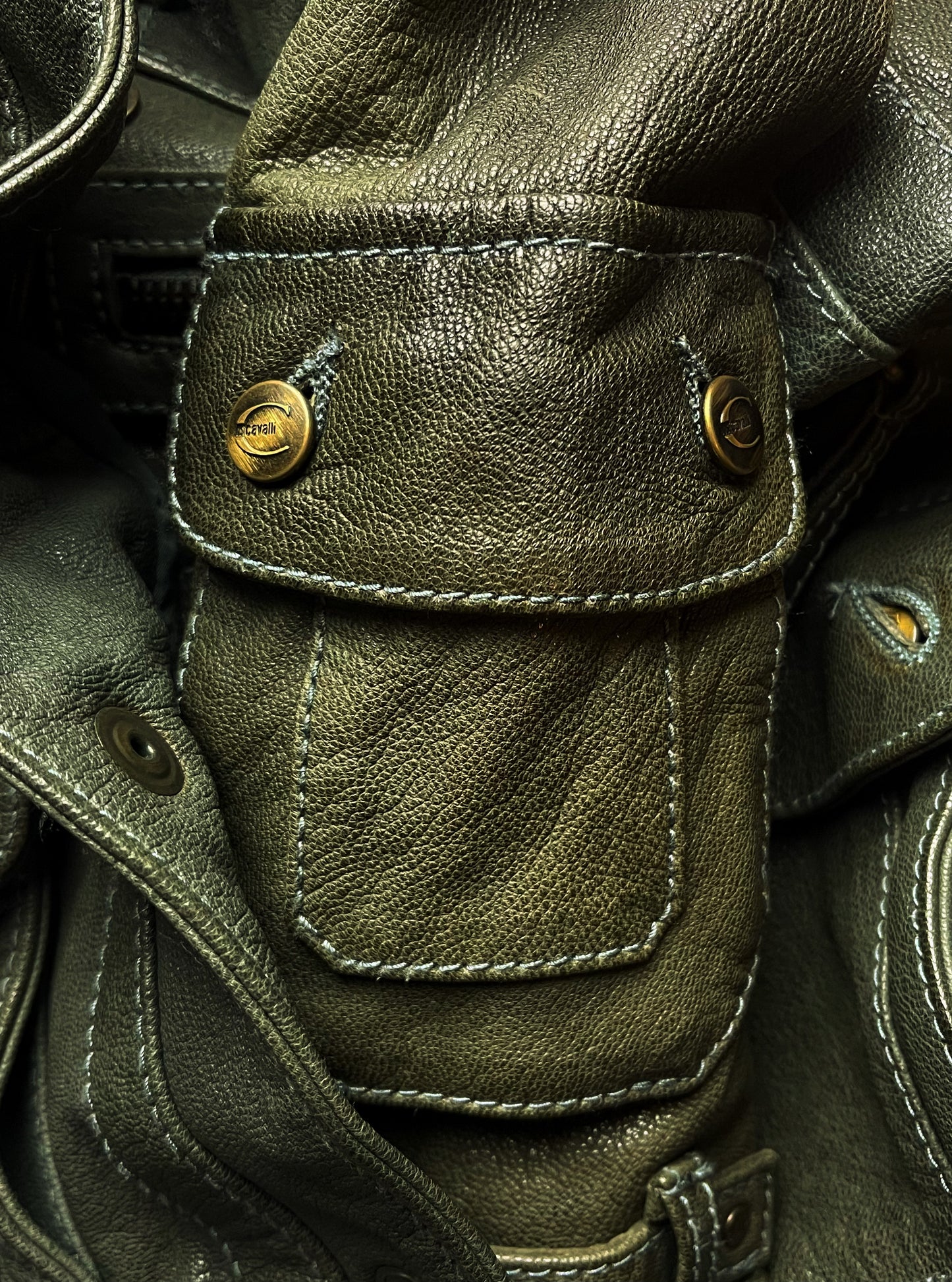 2000’s Roberto Cavalli ‘Moss Green’ Cargo Pocket Leather Jacket