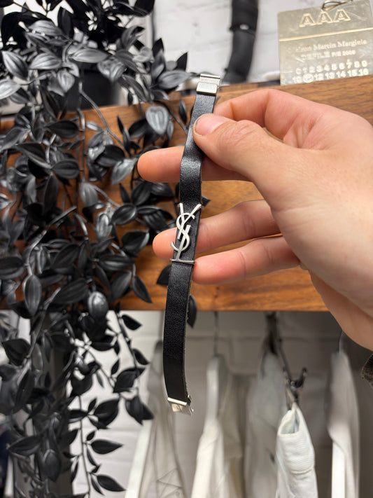 Saint Laurent Black Leather/Silver ‘YSL Logo’ Magnetic Clasp Bracelet