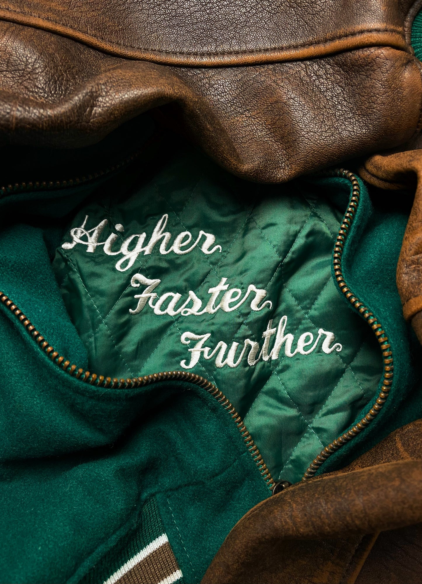 1990’s Avirex ‘USA’ Forest Green Wool/Brown Leather Bomber Jacket
