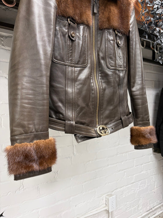Gucci by Tom Ford Mink Fur/Leather GG Buckle Belted Jacket