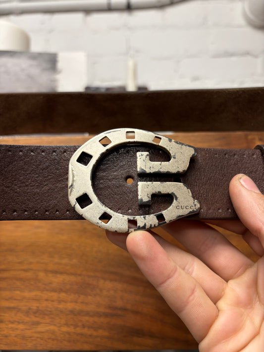 2000s Gucci ‘Horseshoe G’ Logo Brown Leather Belt