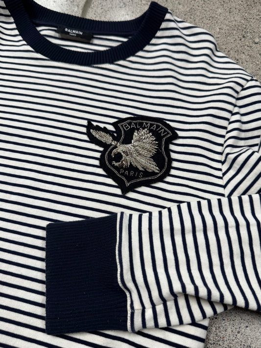 Balmain ‘Eagle’ Crest Patch Striped Black/White Knit Sweater