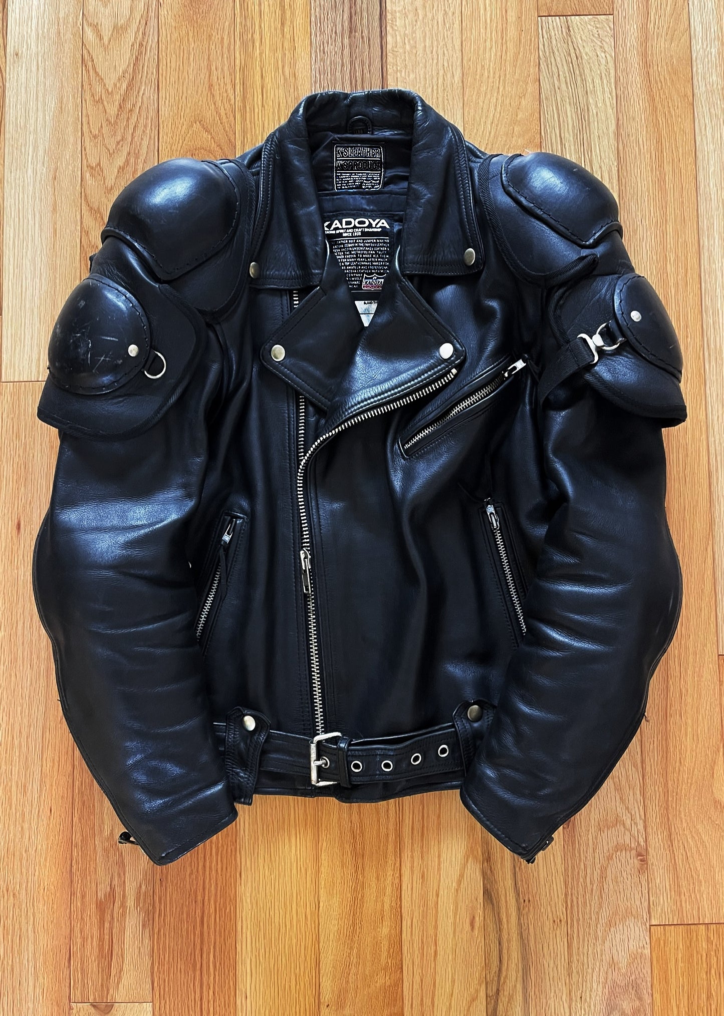 Kadoya ‘Battlesuit’ Armored Black Leather Biker Jacket