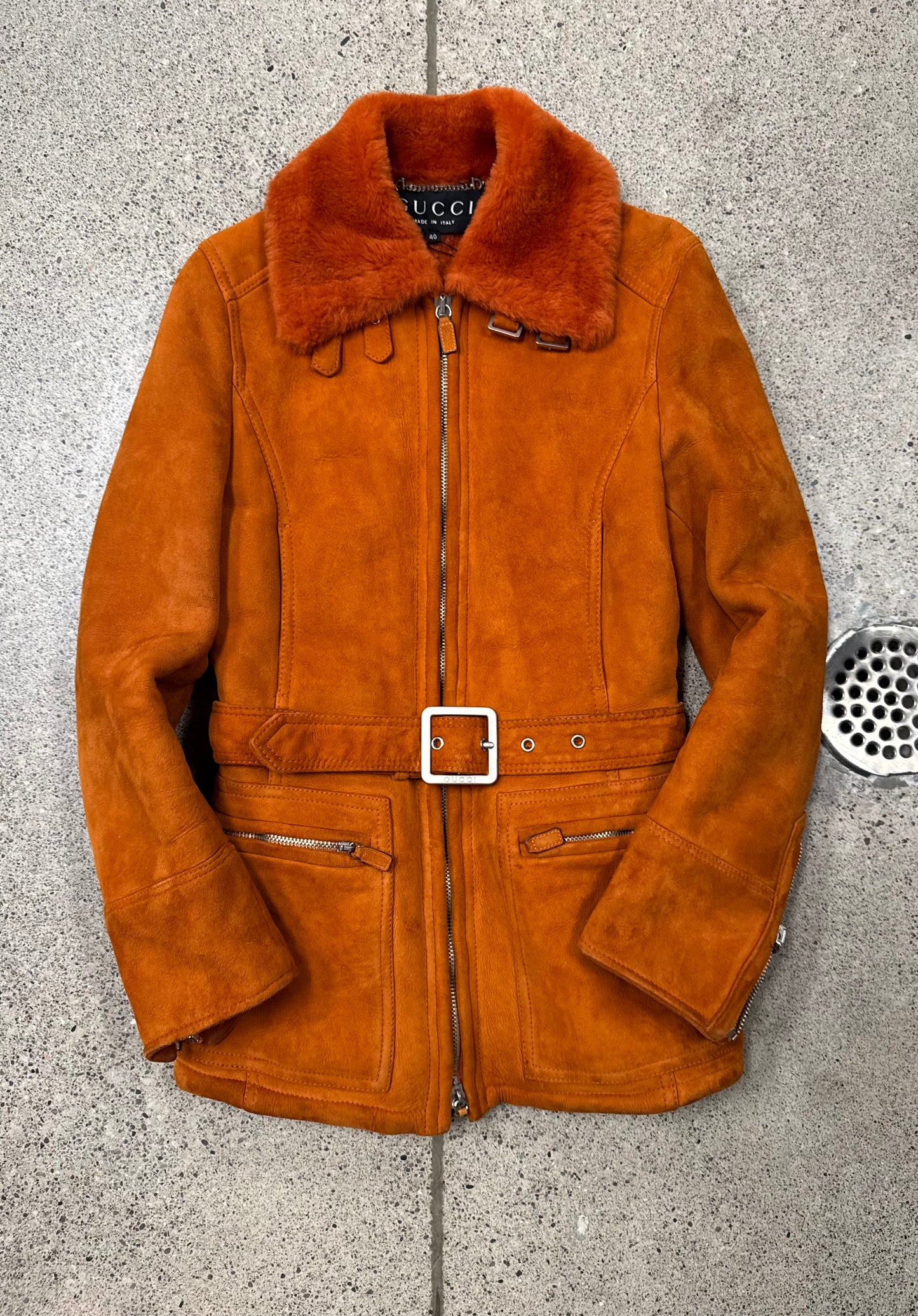 AW1995 Gucci by Tom Ford Orange Shearling Lined Suede Belted Jacket