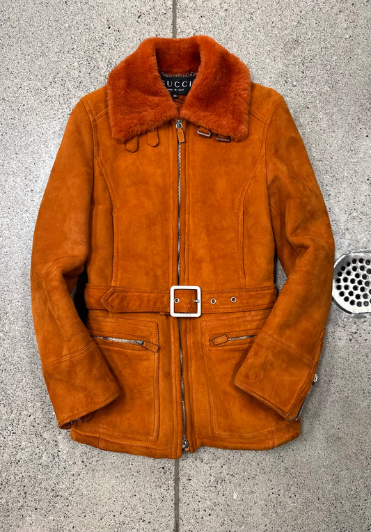 AW1995 Gucci by Tom Ford Orange Shearling Lined Suede Belted Jacket