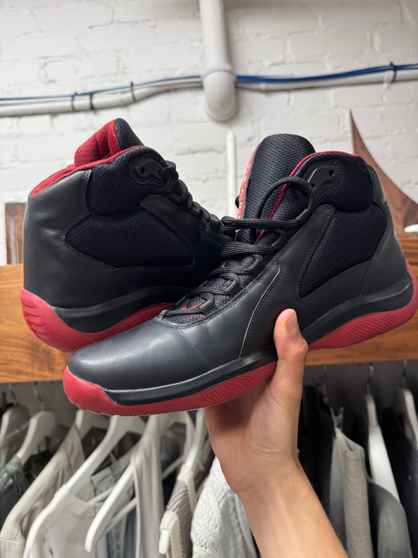 2000s Prada Sport ‘Americas Cup’ Bred Colorway Leather High Top Sneakers