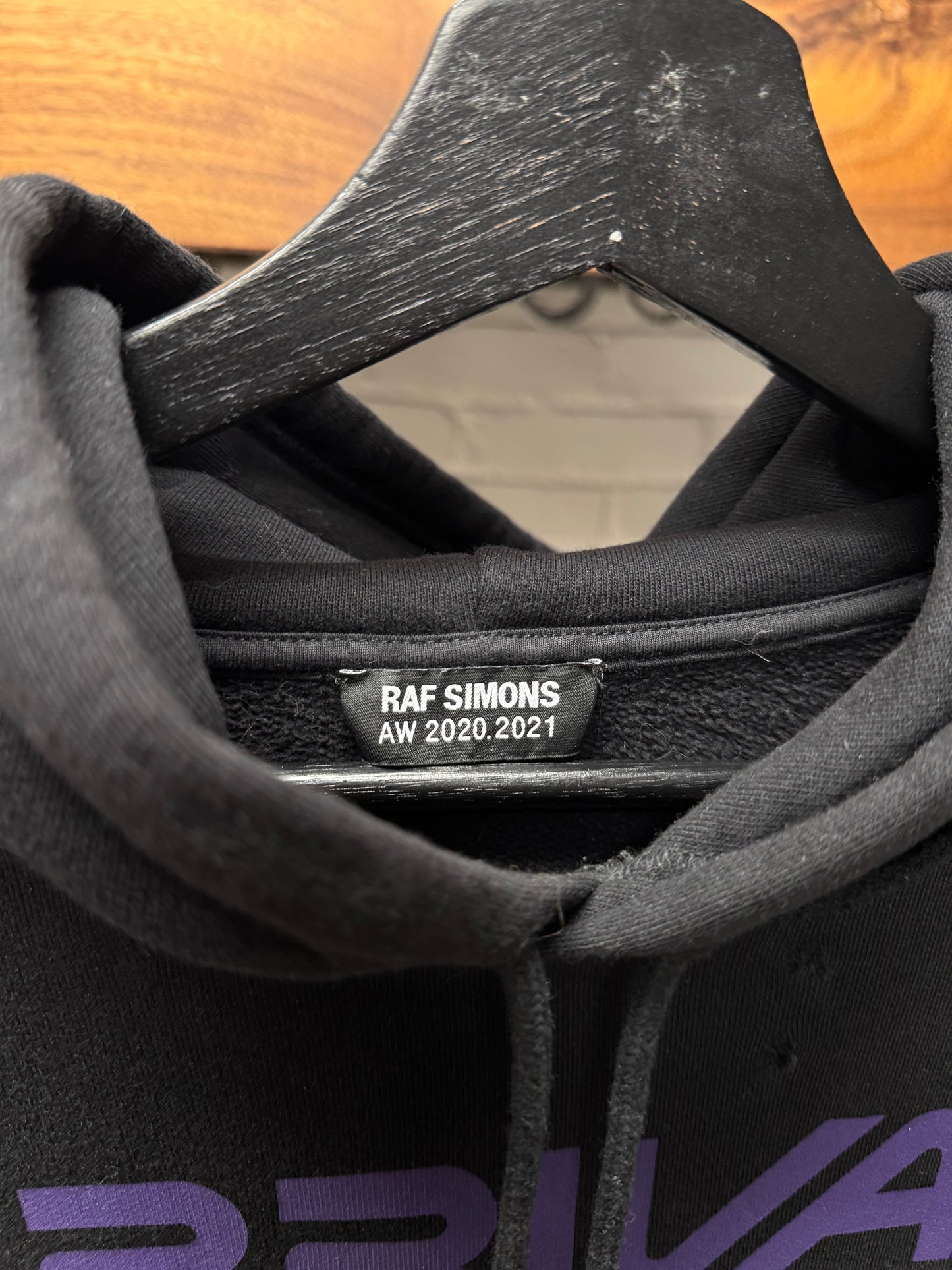 AW2020 Raf Simons ‘Arrival’ Black/Purple Distressed Pullover Hoodie