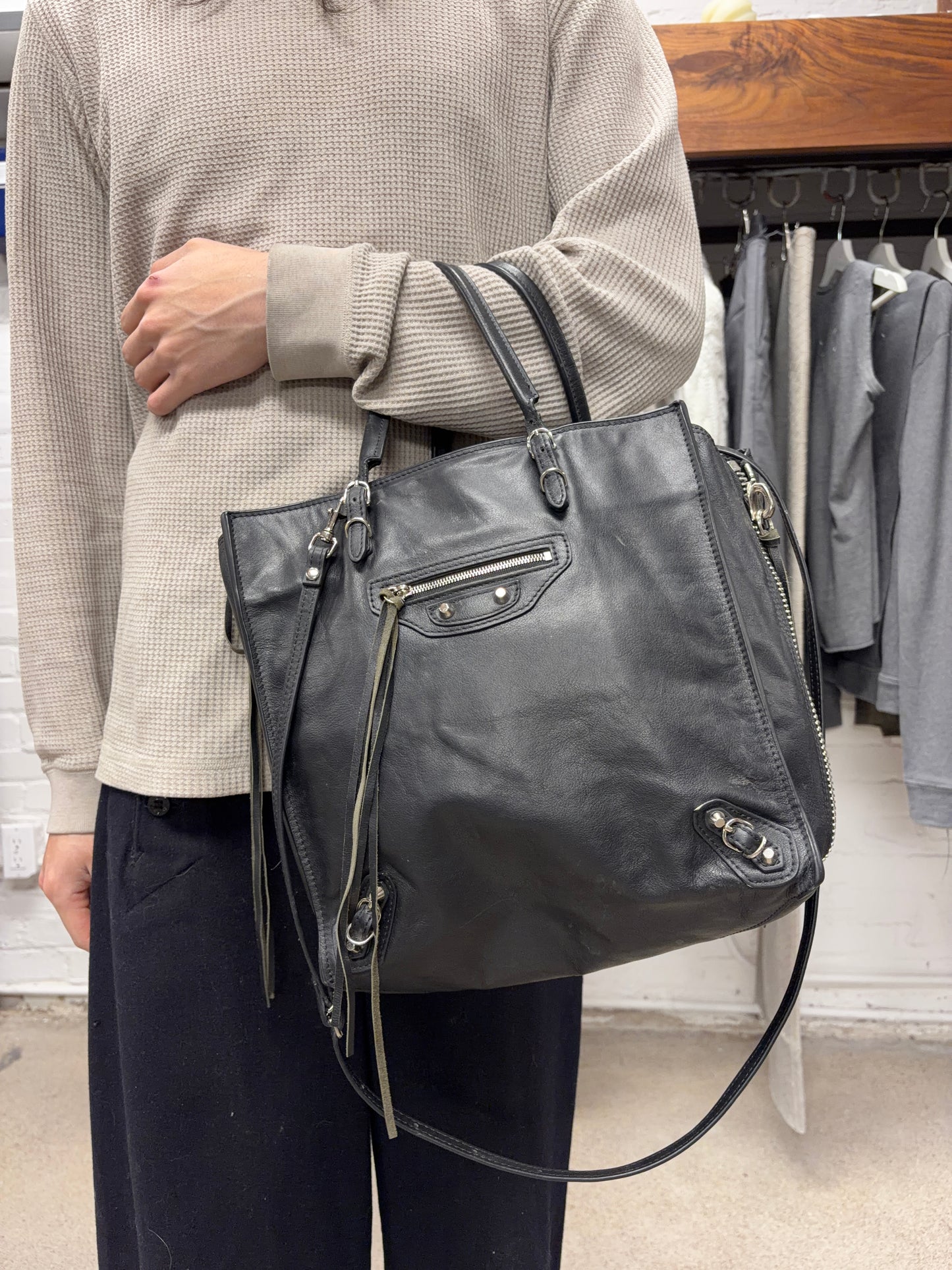 Balenciaga ‘Le Papier’ Black Leather Tote Bag with Crossbody Strap