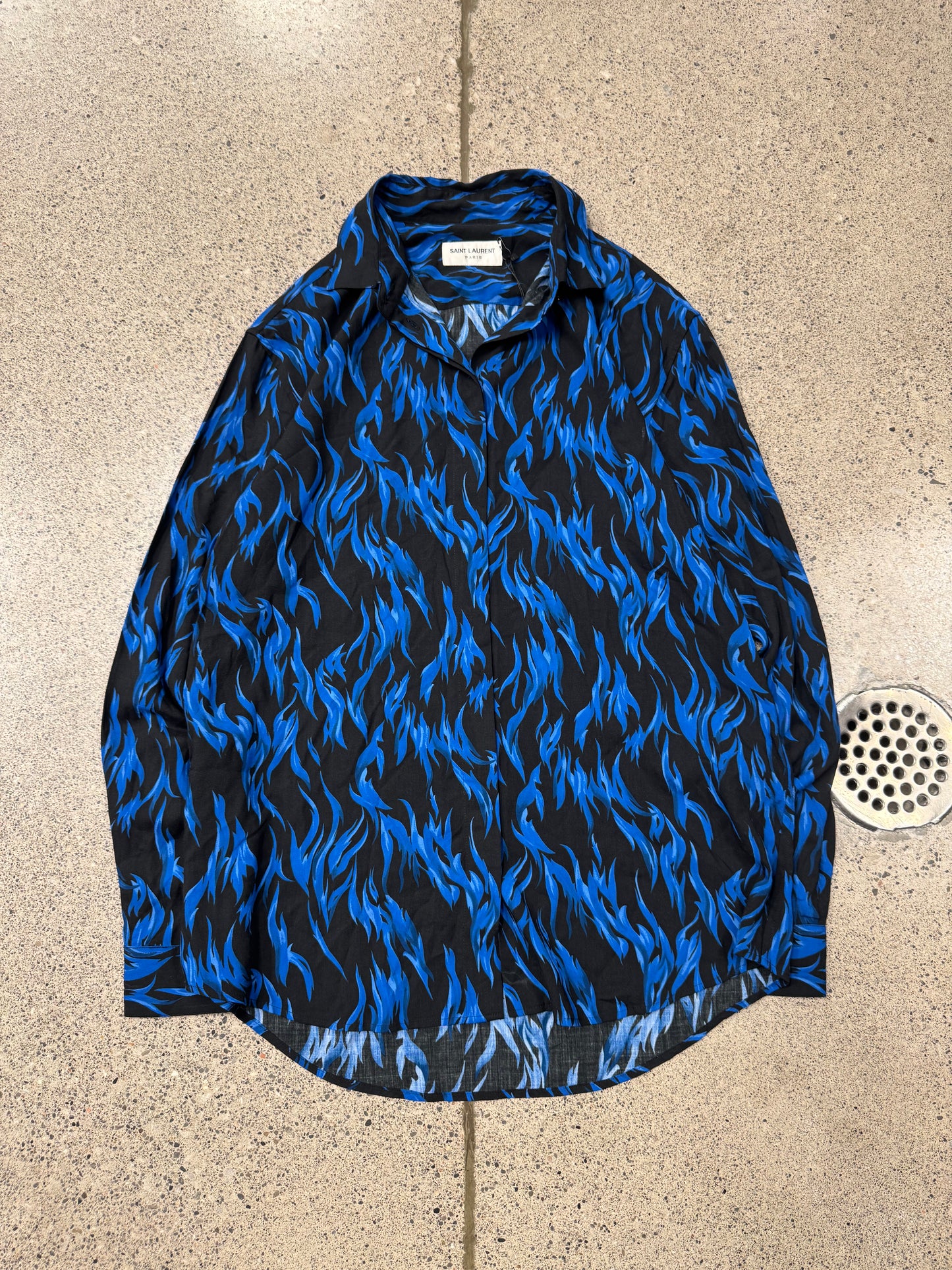 SS2017 Saint Laurent ‘Blue Flame’ Silk Button Down Shirt